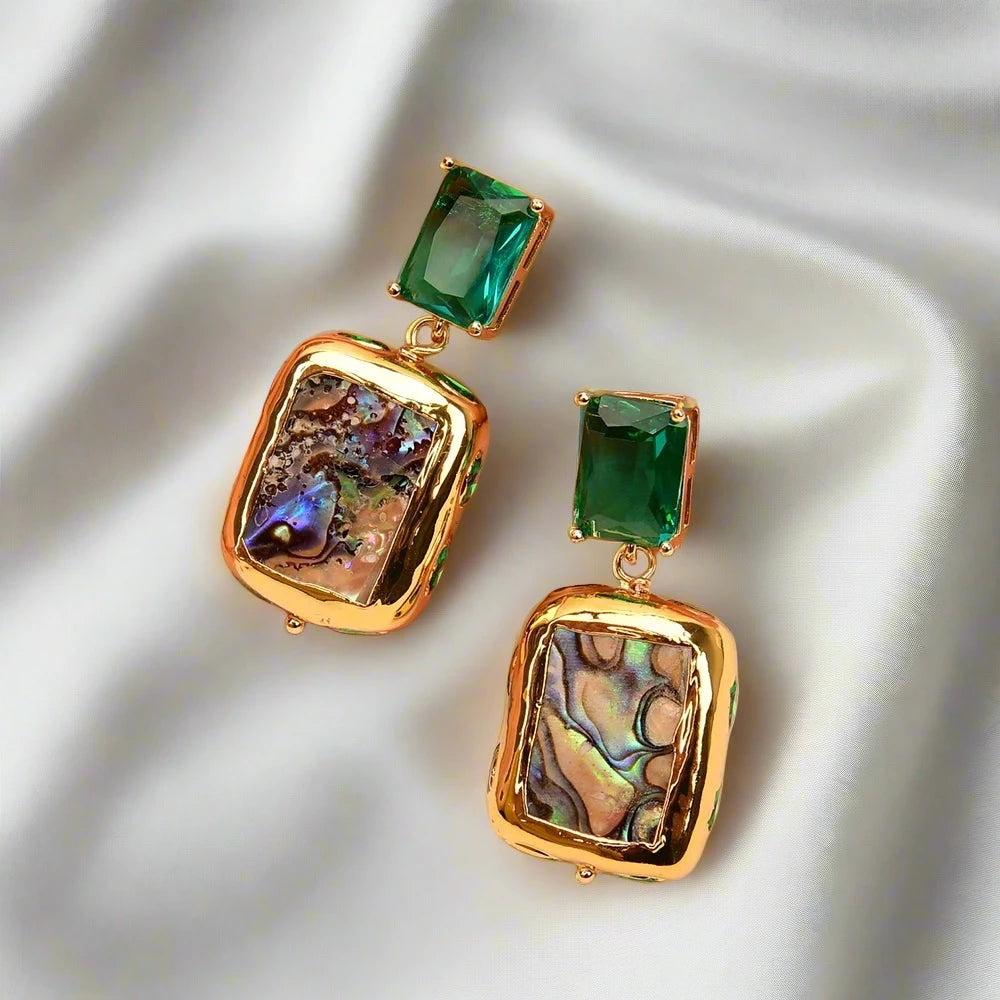 ZoharasVogue Aurora Abalone Drop Earrings crafted with abalone shell and green crystals, featuring gold-plated accents and a unique square design. Lightweight at 0.74 oz, perfect for adding elegance and sophistication to any occasion.