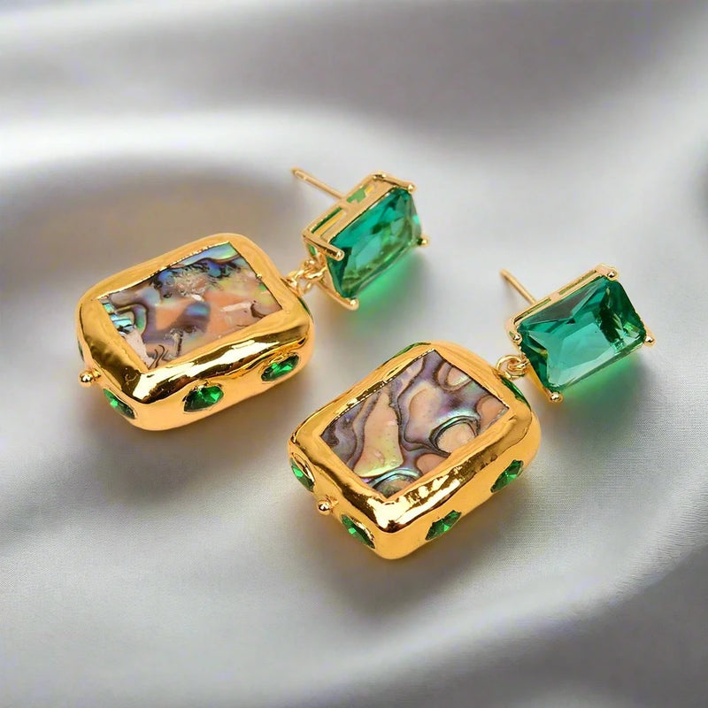 ZoharasVogue Aurora Abalone Drop Earrings crafted with abalone shell and green crystals, featuring gold-plated accents and a unique square design. Lightweight at 0.74 oz, perfect for adding elegance and sophistication to any occasion.