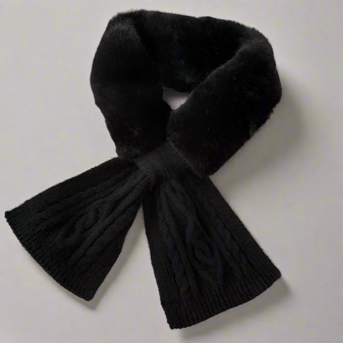 Camila's Luxe Fluffy Cross Scarf in black featuring plush faux rabbit fur and knitted wool design. Elegant cross-neck style for winter warmth and sophisticated style, available at Zoharas Vogue