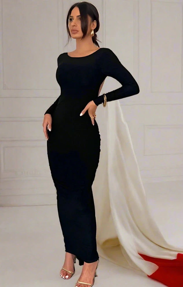 Zoharas Vogue Seraphina Elegance Dress – A sophisticated ankle-length dress featuring a classic O-neckline, straight silhouette, and an alluring backless design. Crafted from a premium blend of polyester and spandex with medium stretch for comfort and a flattering fit. Perfect for formal events or elegant evenings.