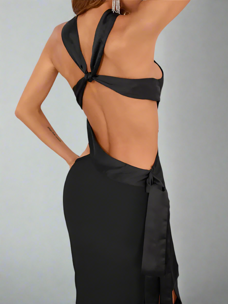 Sofia Noir Bandage Dress – a sleek black sleeveless halter midi dress with a backless design and a curve-hugging silhouette.