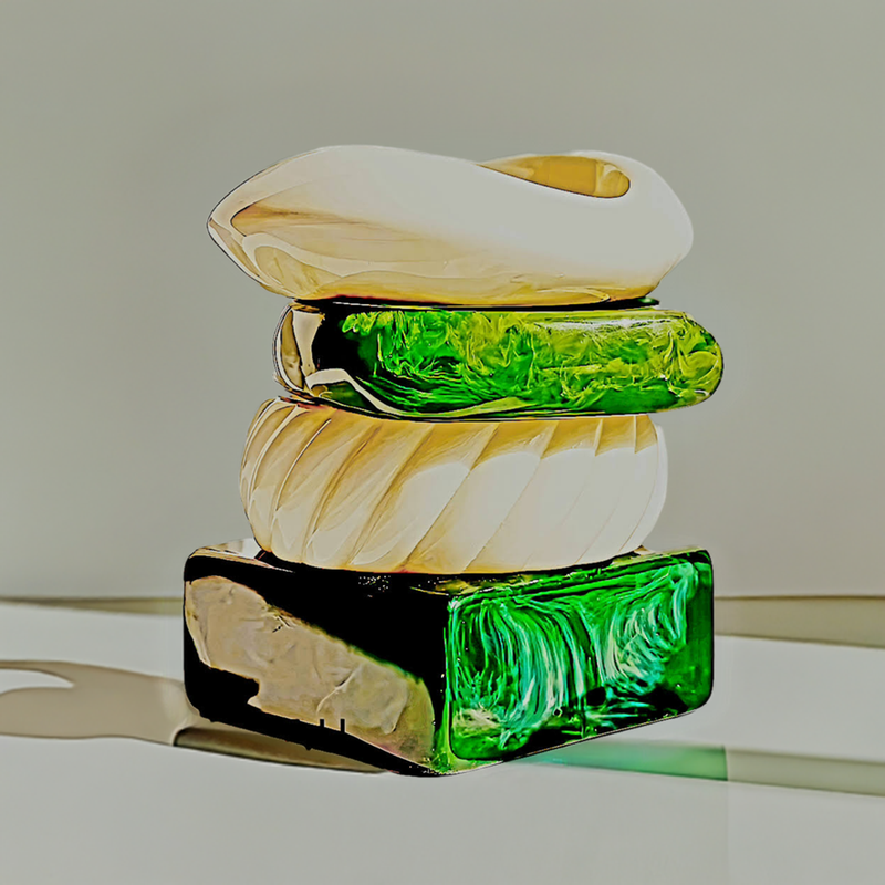 Zoharas-Ayana-Statement-Bangle crafted from high-quality resin, its rich green and white hues create a mesmerizing contrast, adding depth and sophistication to any outfit. 