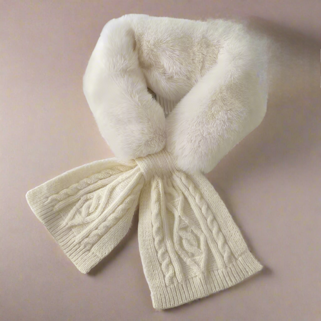 Camila's Luxe Fluffy Cross Scarf in ivory, featuring plush faux rabbit fur and knitted wool design. Elegant cross-neck style for winter warmth and sophisticated style, available at Zoharas Vogue