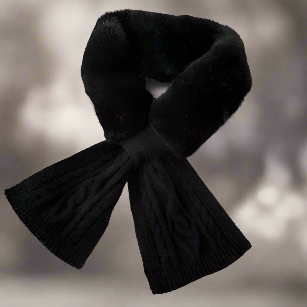 Camila's Luxe Fluffy Cross Scarf in black, featuring plush faux rabbit fur and knitted wool design. Elegant cross-neck style for winter warmth and sophisticated style, available at Zoharas Vogue